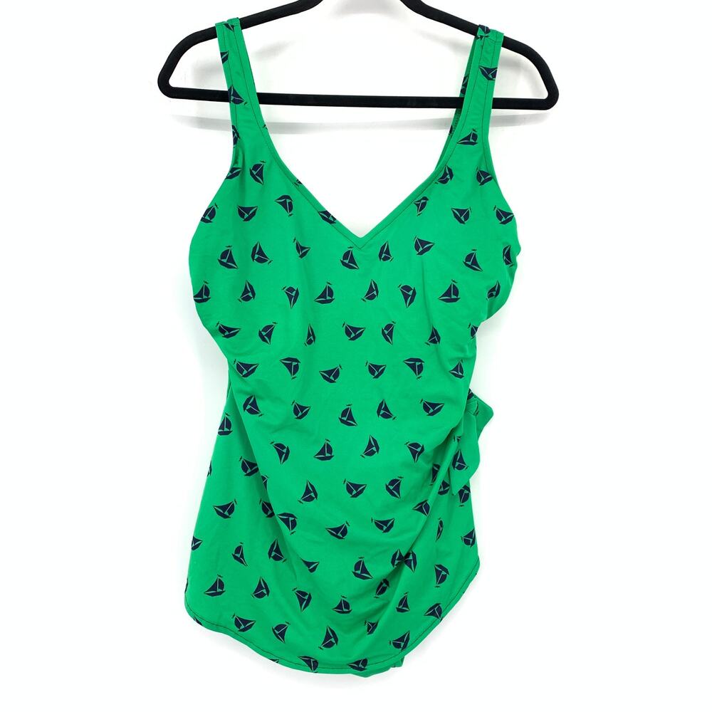 Vintage Swimsuit Womens 18W Green Sailboat Print Ruched Skirted Deep V-Neck